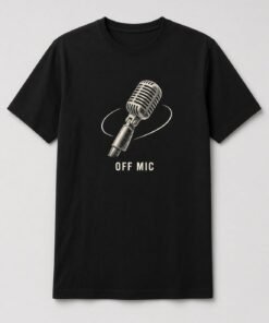 Off Mic Vintage Microphone unisex t-shirt in black with tilted vintage microphone with an orbit line